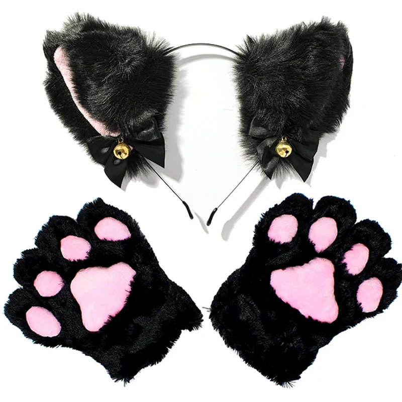 Katze Ohr Maid Handschuhe Cosplay Kostüm Set Plüsch Ohr Glocke Stirnband Haar Band Bowknot Glocken Haar Clips Pfoten Anime Requisiten für Mädchen