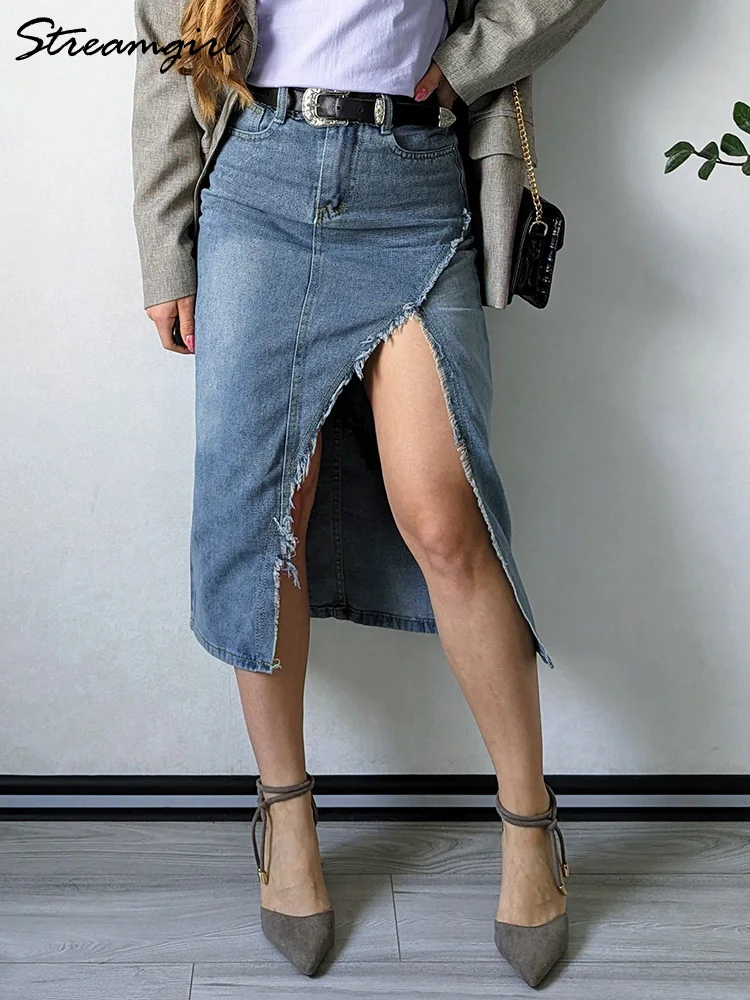 Streamgirl Irregular Split Denim Skirts For Women Midi Summer Casual Tassel Denim Skirt Lady Sexy A Line Jeans Skirt Women 2024