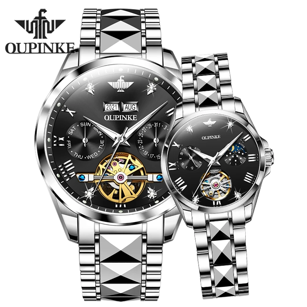 

OUPINKE Couple Watches Top Brand Luxury Fashion Tungsten Steel Original Mechanical Wristwatch Flywheel Movement Calendar Trend
