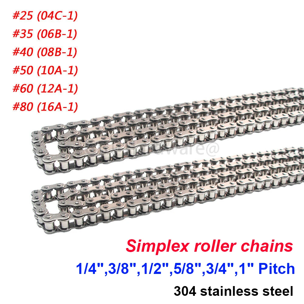 #25/35/40/50/60/80 Simplex Roller Chains 1/4inch 3/8inch 1/2inch 5/8inch 3/4inch 1inch Pitch 304 A2 Stainless Steel For Bicycle