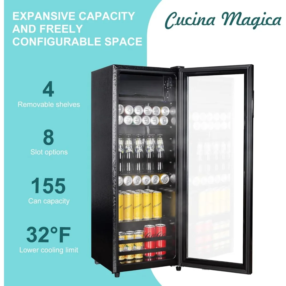 4.8 Cu.Ft Beverage Refrigerator, 155 Can Mini Fridge Glass Door, Adjustable Shelves, Drink Fridge, Suitable for Soda, Beer