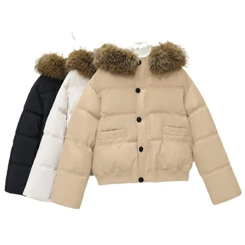 Jaket Wanita Korea Berbahan Katun Tebal dengan Kerah Wol Besar Desain Pendek Model Baru untuk Pelajar