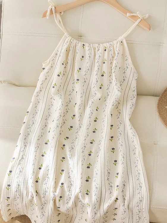 Summer Thin Cotton Nightgown Women's Dressy Floral Print Pure Cotton Gauze Small Size Sleepwear Dress Can Be Worn outside