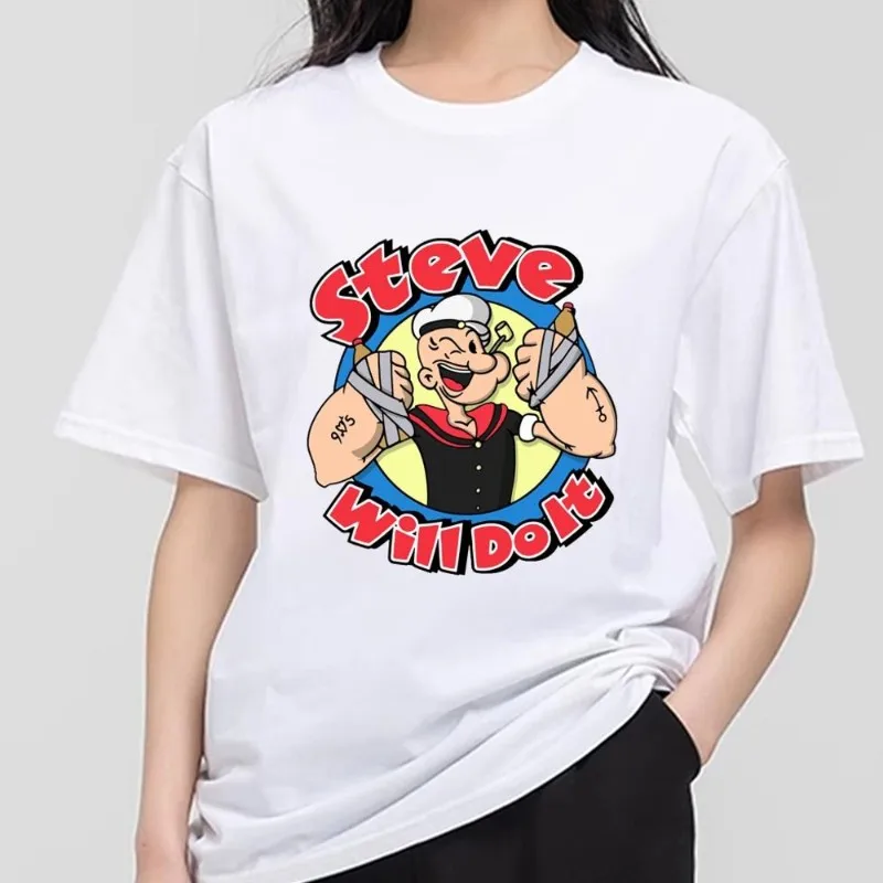 P-Popeye Cartoon T Shirt Men Couple Combination Clothes Short Sleeve Collar Fashion T-shirt Women Cotton