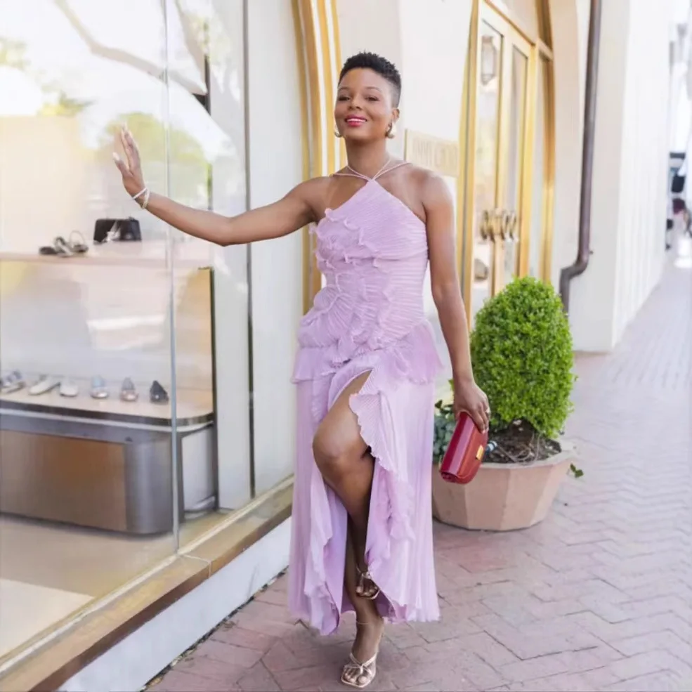 2025 Primavera ed estate Nuovo abito lungo elegante in chiffon con pendolo e collo a foglia con volant