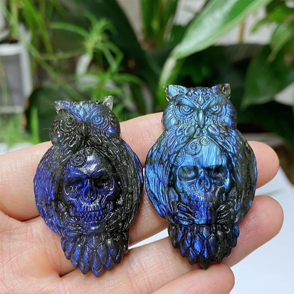 Natural Labradorite Hand Carved Owl with Skull Statue Halloween Party Decor Home Desktop Decorative Ornament Holiday Gift