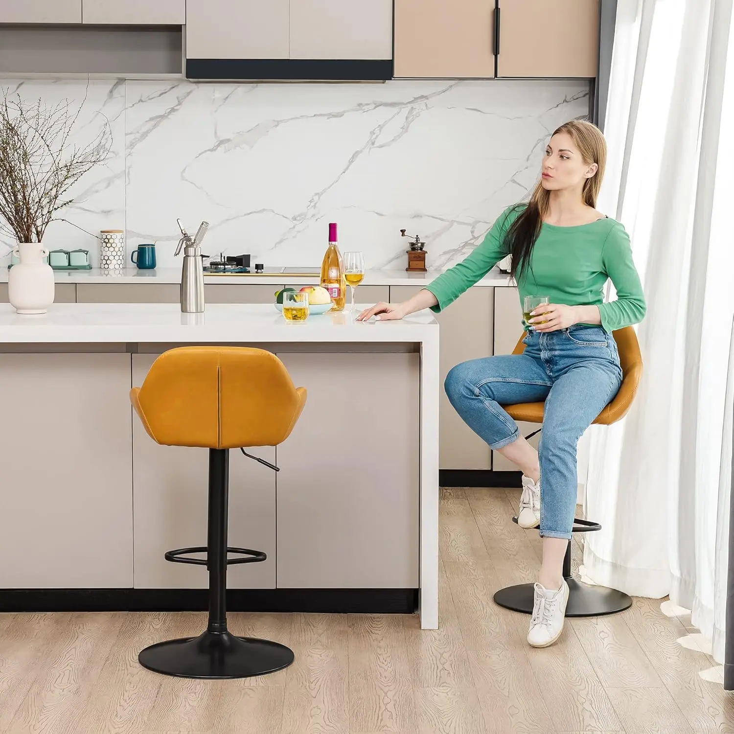 3 Piece Pub Table and Chairs Set, Square Rustic Bar Height Top Table and Adjustable Swive Yellow Bar Stools for Kitchen