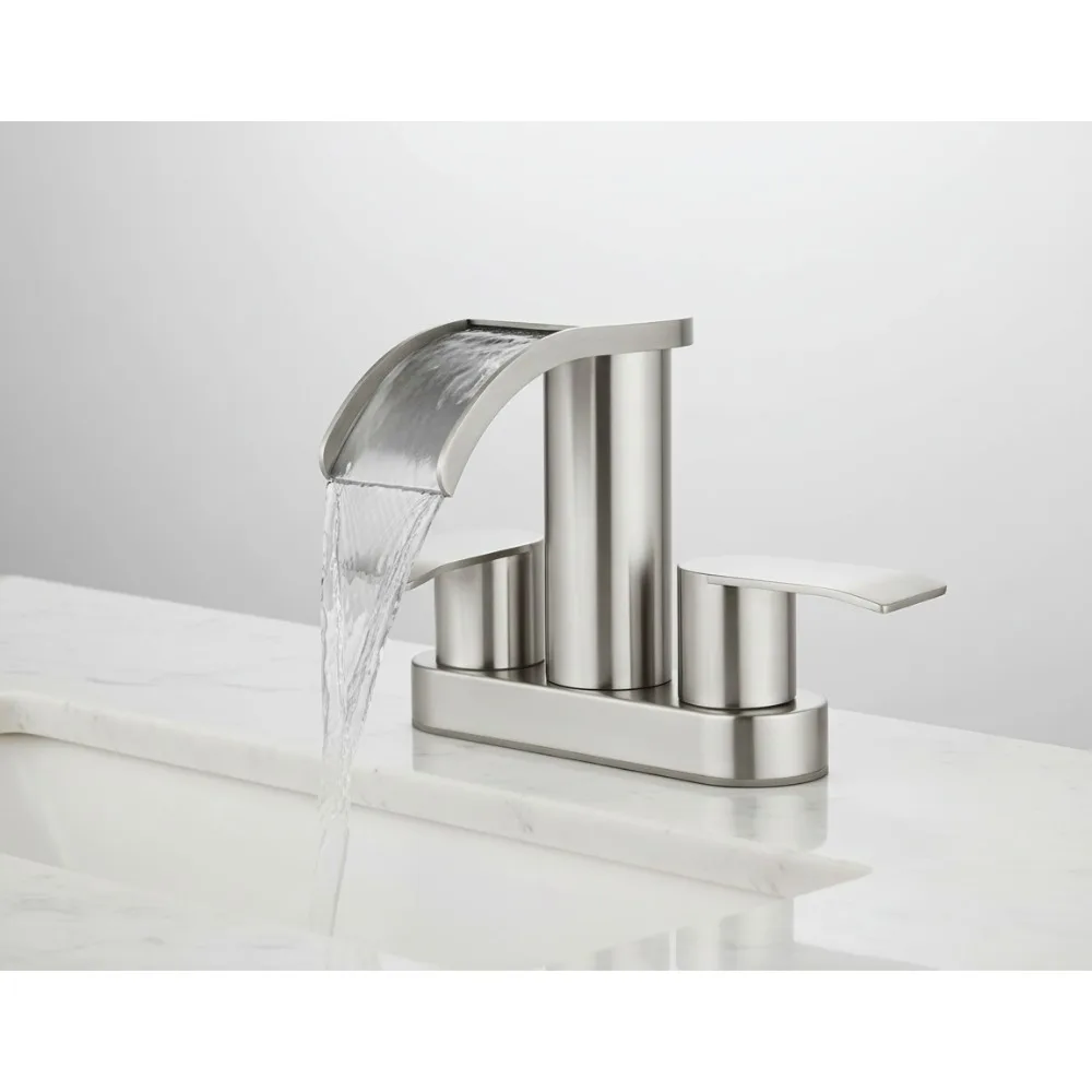

4 Inch Waterfall Bathroom Sink Faucet Deck Mount 2 Handle Basin with Pop Up Drain Modern Brushed Nickel