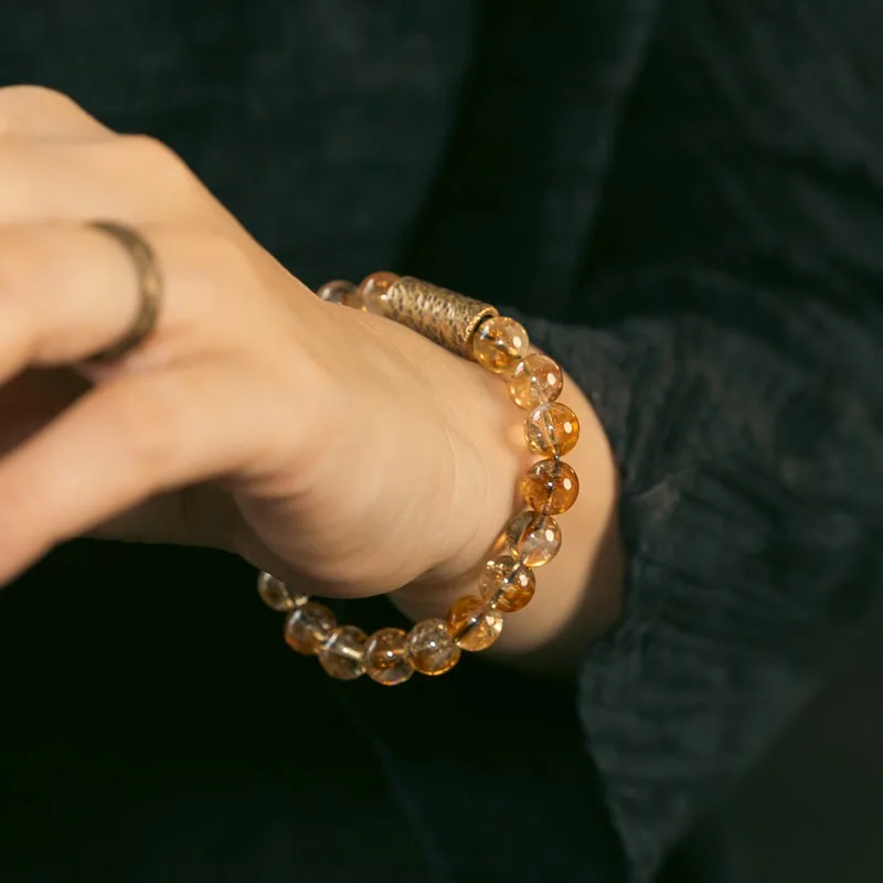 シトリンカラークリスタルラウンドビーズブレスレット女性のレトロなデザイン単円多用途カップルブレスレットメンズアクセサリー