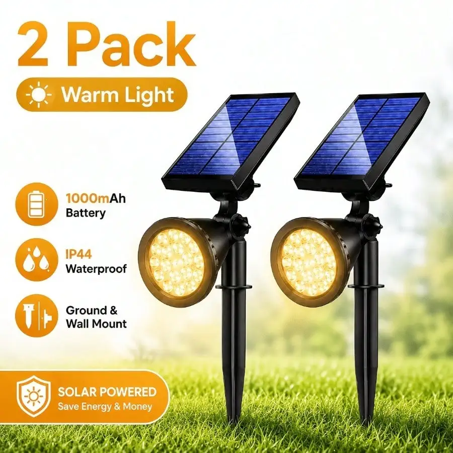 2 Pack 18 LED Solar Spot Lights Outdoor, 3 Color White Warm White Multicolor Landscape Spotlights, 1000Mah IP44 Garden Yard Pathway Lights for Christmas Halloween Outdoor Decorations