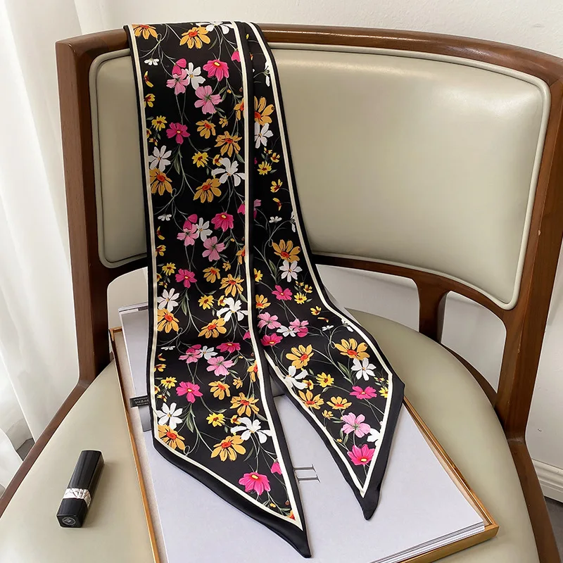 Spring/Summer Elegant Stylish Flower Lightweight Scarf  With Diagonal Corners For Women Purse Streamer Soft Satin Neckerchief