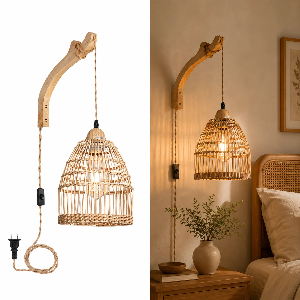 

JOYINLED 3M Cord Hand Woven Wall Light Farmhouse Light E27 Rattan Plug in Wall Sconces Wicker Wall Lamp for Living Room Bedroom