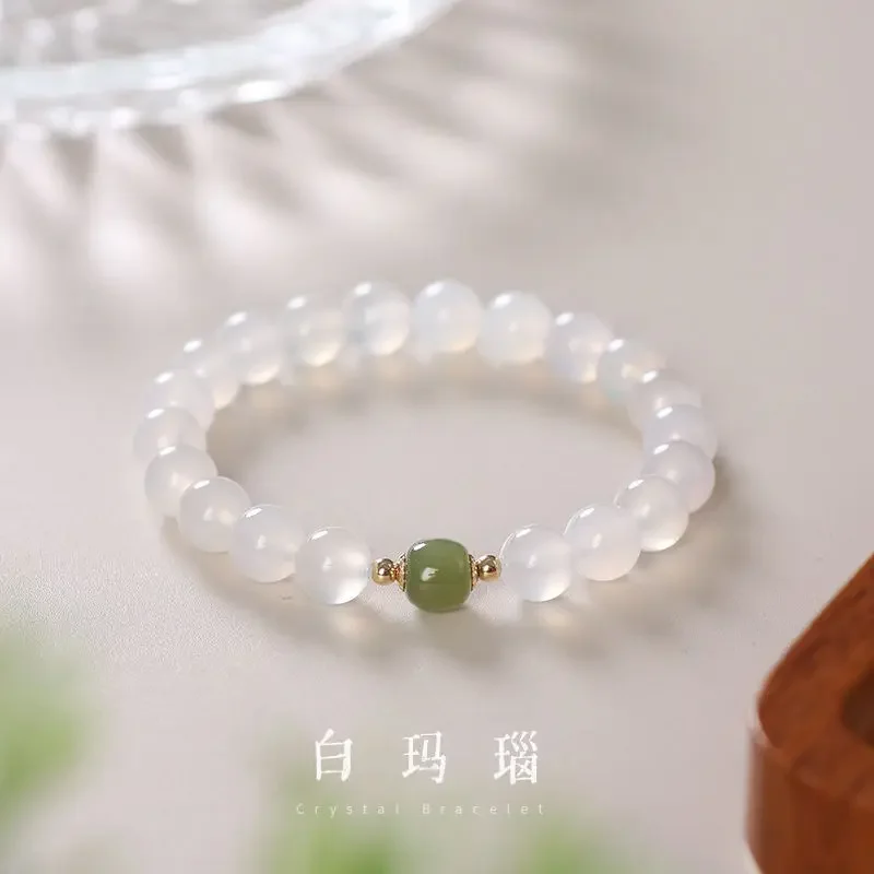 

AngLang Natural White Agate Hetian Jade 8mm Beads Elastic Beaded Strand Bracelets for Women Girls Party Fine Jewelry Gifts YBR93