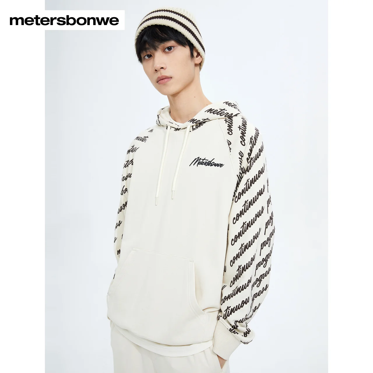 Metersbonwe-Hoddy Men Letter Print  Men's Knit Pullover Hoodie Regular Fit Casual Spring Autumn