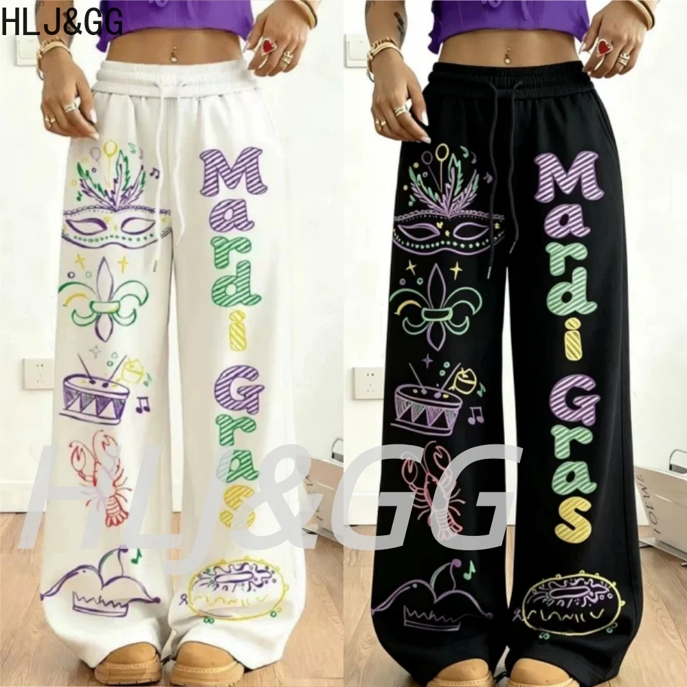 HLJ&GG Women Y2K Graphic Print Pants Casual Elastic Waist Drawstring Baggy Wide Leg Sweatpants Fashion Streetwear Bottoms 2026