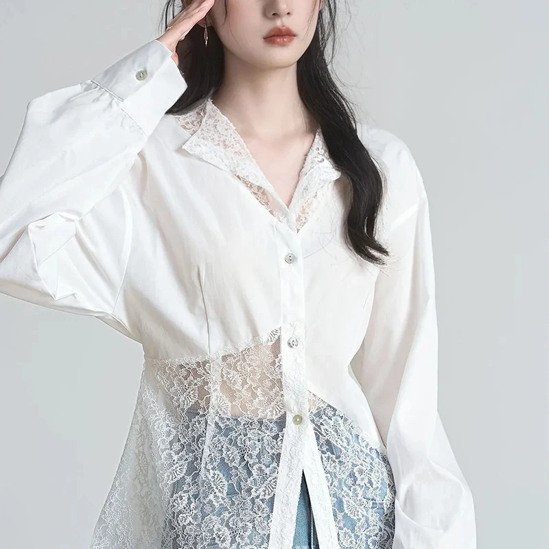 Koronkowe ażurowe bluzki damskie wiosna jesień długi rękaw patchworkowa seksowna bluzka francuska elegancka luźna codzienna szykowna biała koszula damska