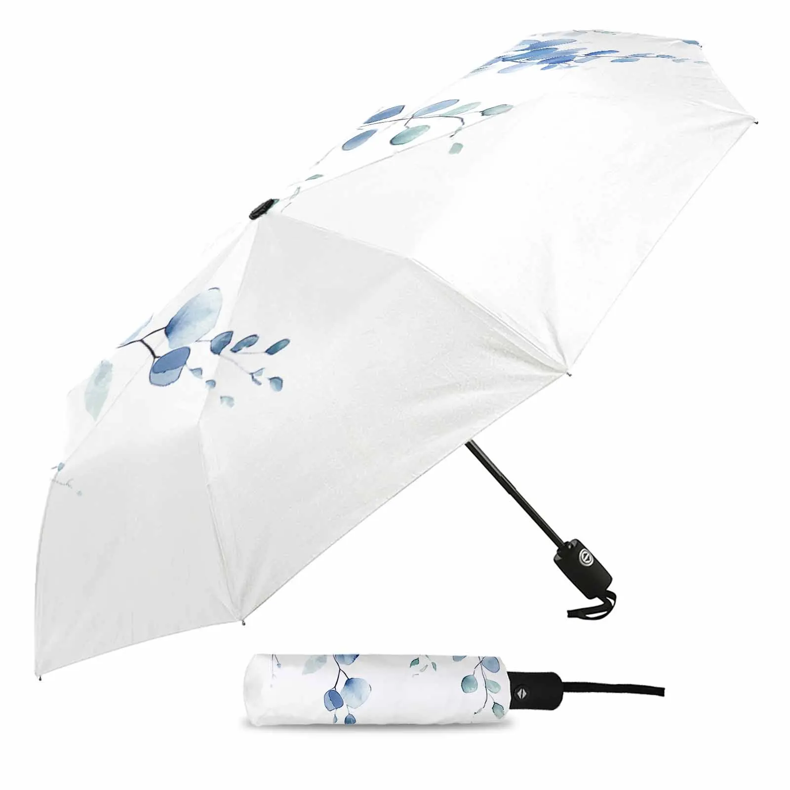 Eucalyptus Leaves Hand-Painted Vine Flower Automatic Umbrella for Rain Foldable Parasol Umbrella Eight strand Outdoor Umbrellas