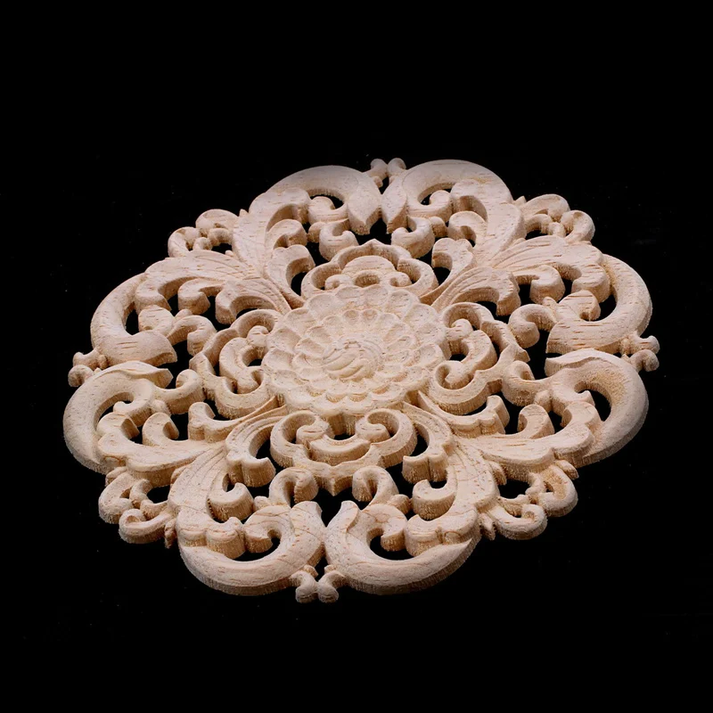 2Pcs Rubber Wood Carved Long Applique Unpainted Flower Walls Cabinets Door Decor Wood Color