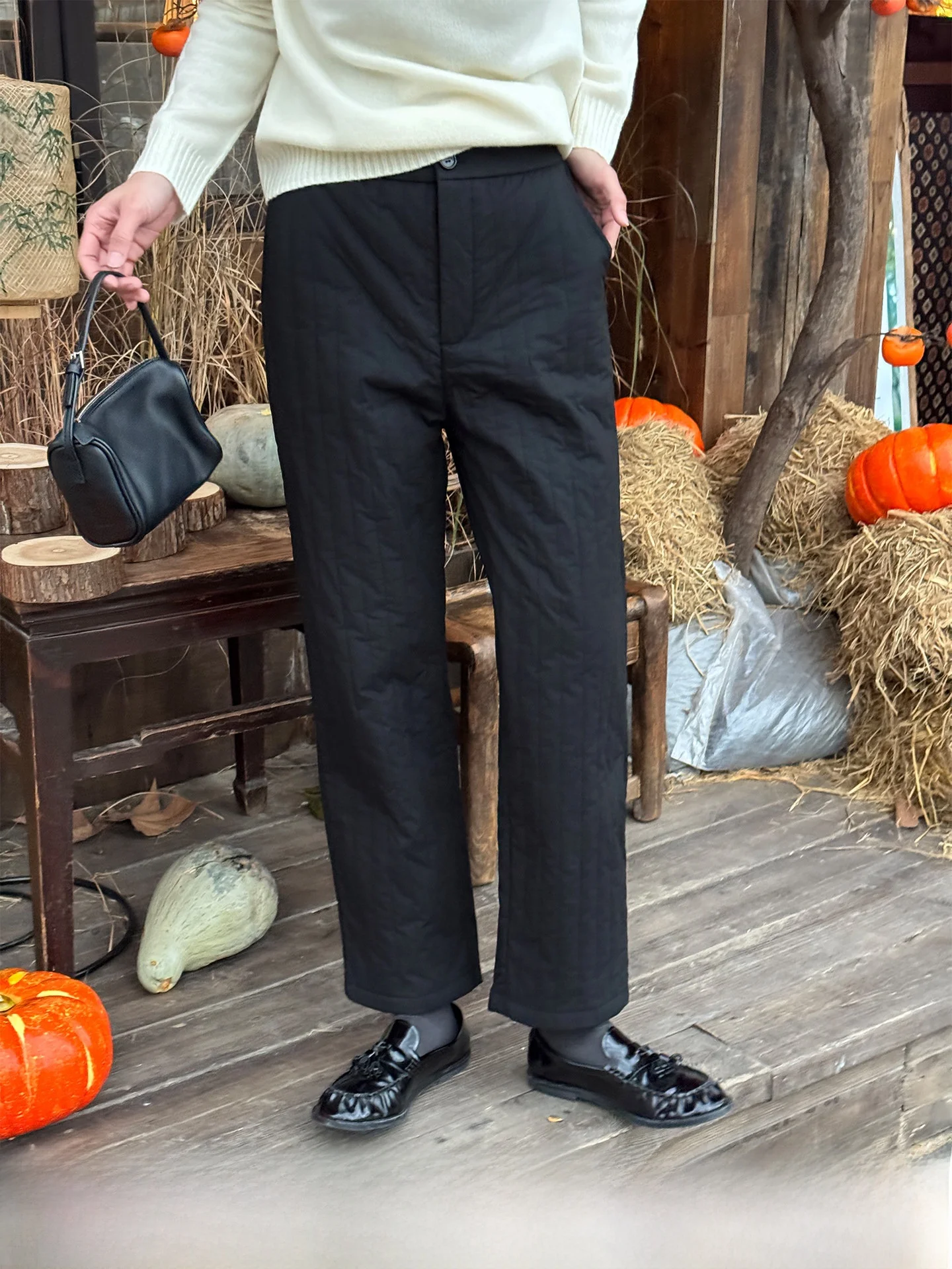 

Черные хлопковые брюки для женщин, повседневный стиль, укороченные, зимние, новинка, с эластичным поясом, прямые штанины, женские