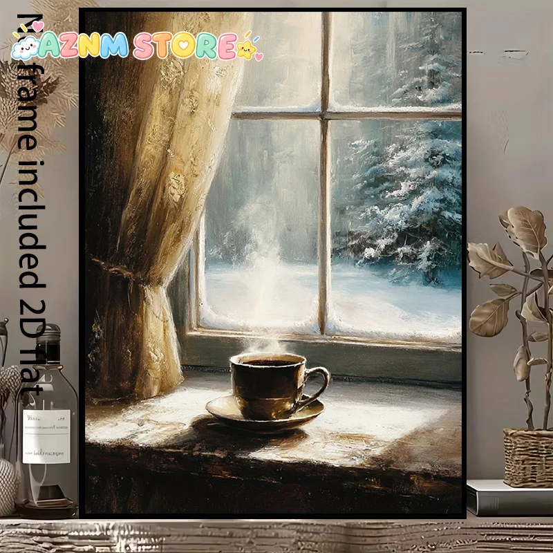 2027, , A  Canvas Painting Featuring a Snowy Landscape Outside The Window And a Warm Drink on The Windowsill, Capturing The S