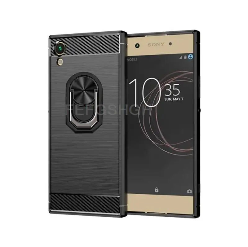 Z włókna węglowego szczotkowane miękki futerał ochronny dla Sony Xperia XA1 G3112 G3116 pierścień stojak uchwyt odporny na wstrząsy telefon pokrywa
