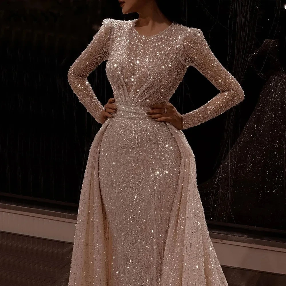 Robe de Soirée de Forme Sirène à Paillettes, Manches sulf, Poignée Perlée, Traîne Amovible, Brillante, Col Rond, Luxe