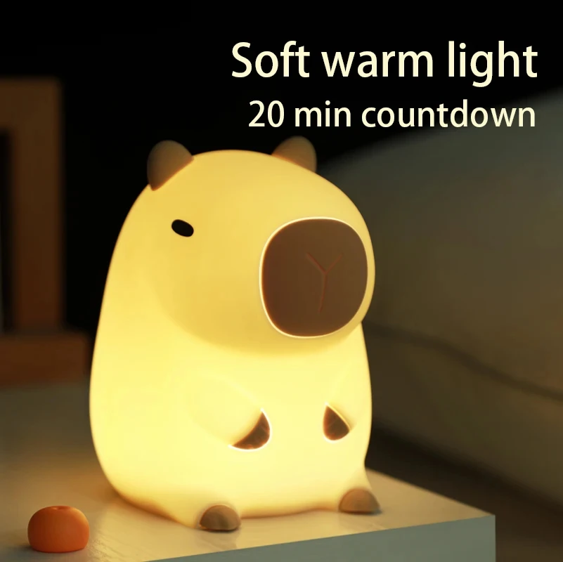 Capivara-RGB LED Night Light, candeeiro de mesa branco, Cute Cartoon Nursery Light, Bedside Decor, Relógio Regulável, Presentes de aniversário