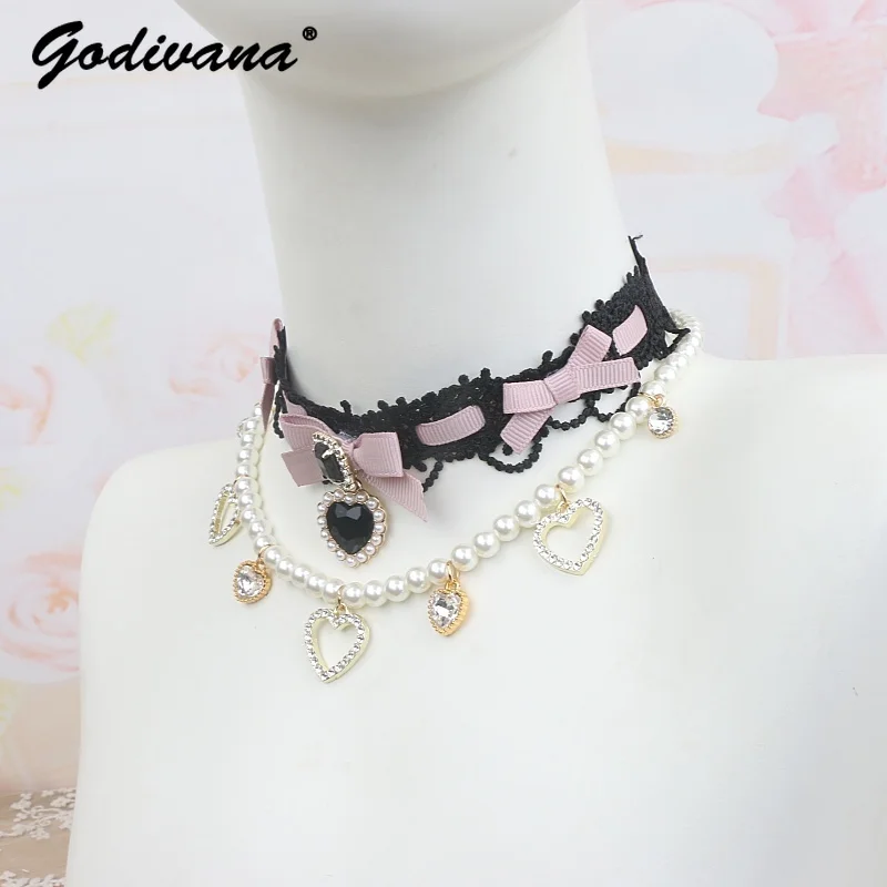 Buatan tangan manis keren perempuan kalung wanita seri tambang Jepang mutiara busur cinta liontin kalung stiker Chyer Choker wanita