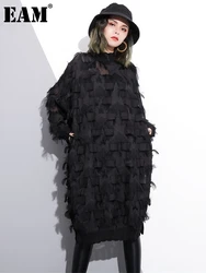 [EAM] 2024 New Spring Autumn Stand Collar Long Sleeve Perspective Black Loose Tassels Big Size Dress Women Fashion Tide JI780