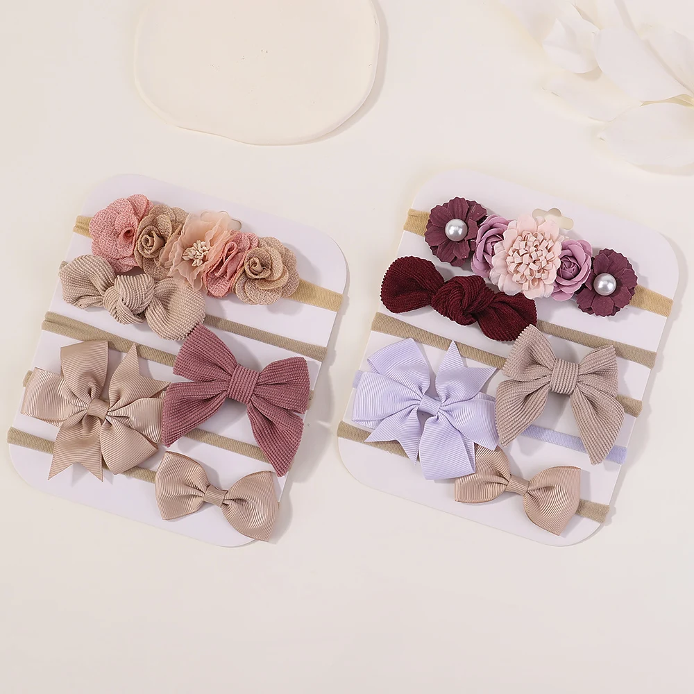 5pcs/Set Nylon Elastic Bow Headband Baby Solid Knot Flower Fabric Hairbow Set Kids HairBands Handmade Girls Hair Accessories