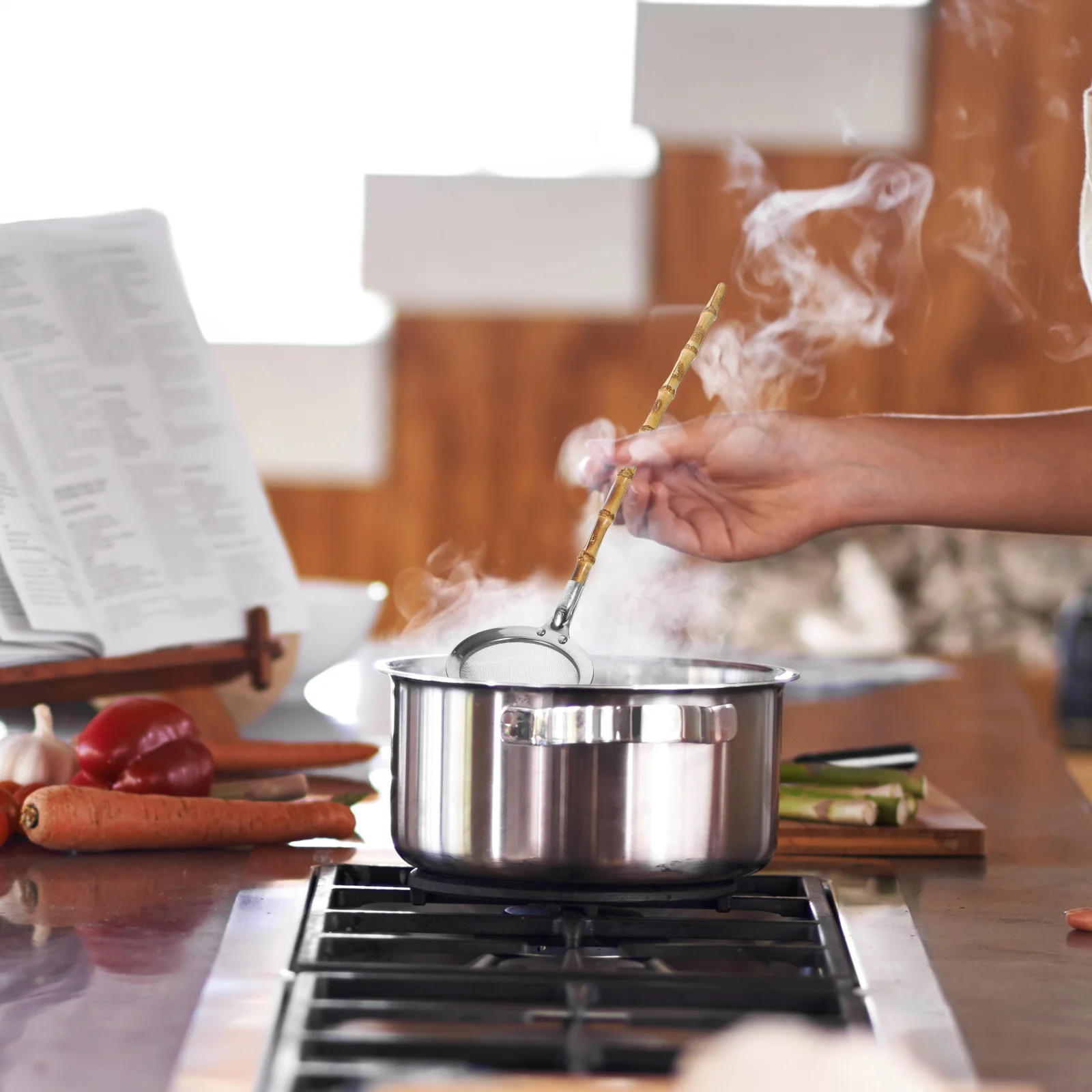 

Stainless Steel Colander Ladle Bamboo Handle Oil Filter Noodle Scoop Multi- Cooking Utensil