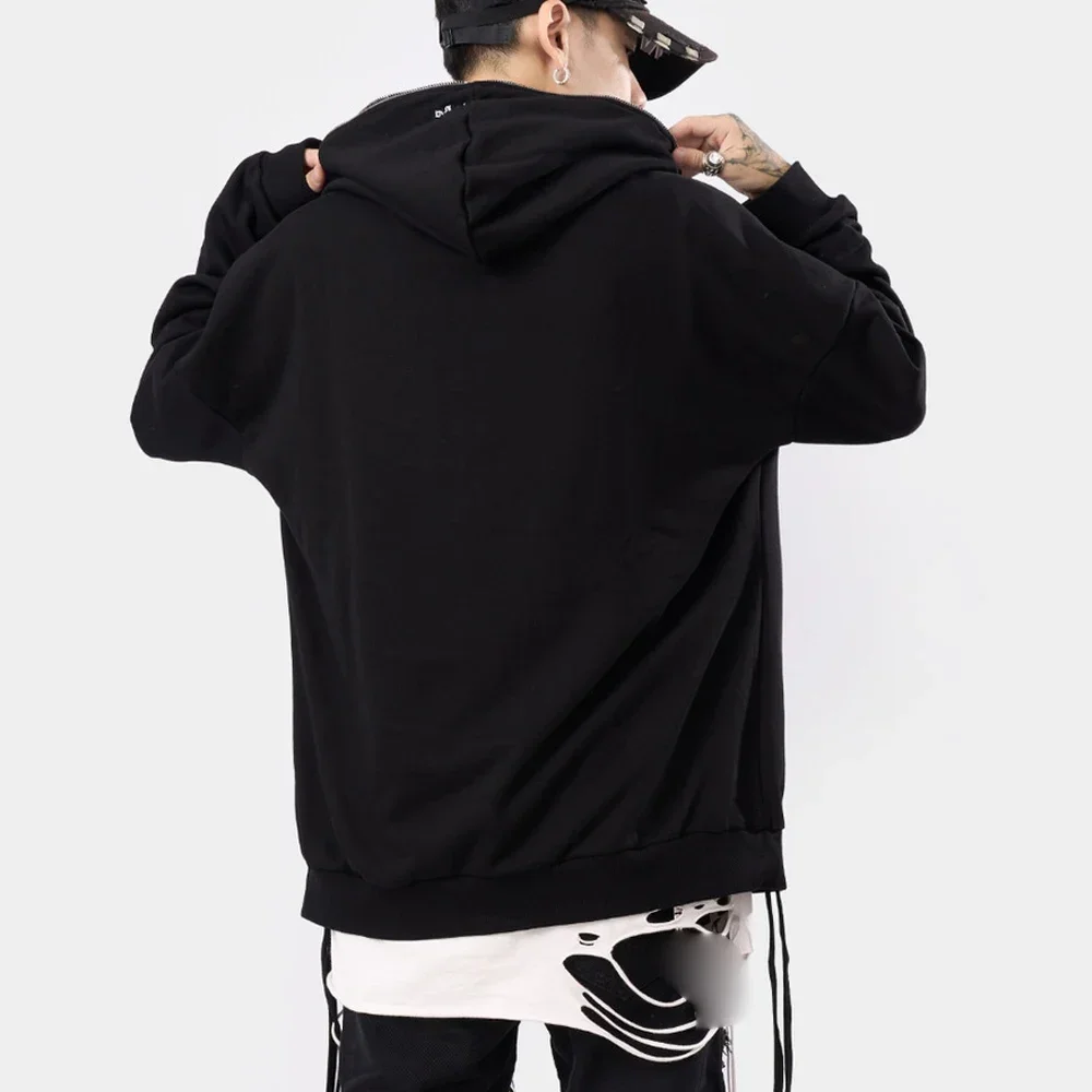 High Street Hoodie Men Retro Zip Long Sleeve Loose Black White Coats Harajuku Casual Gothic Hooded Sweatshirt Y2K Streetwear