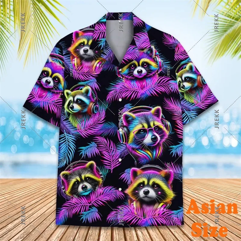 70s & 80s Hip Hop Shirt Men's Clothing Neon Raccoon Print Short Sleeve Funny Shirts Retro Plant Music Party Sport Blouse 2025