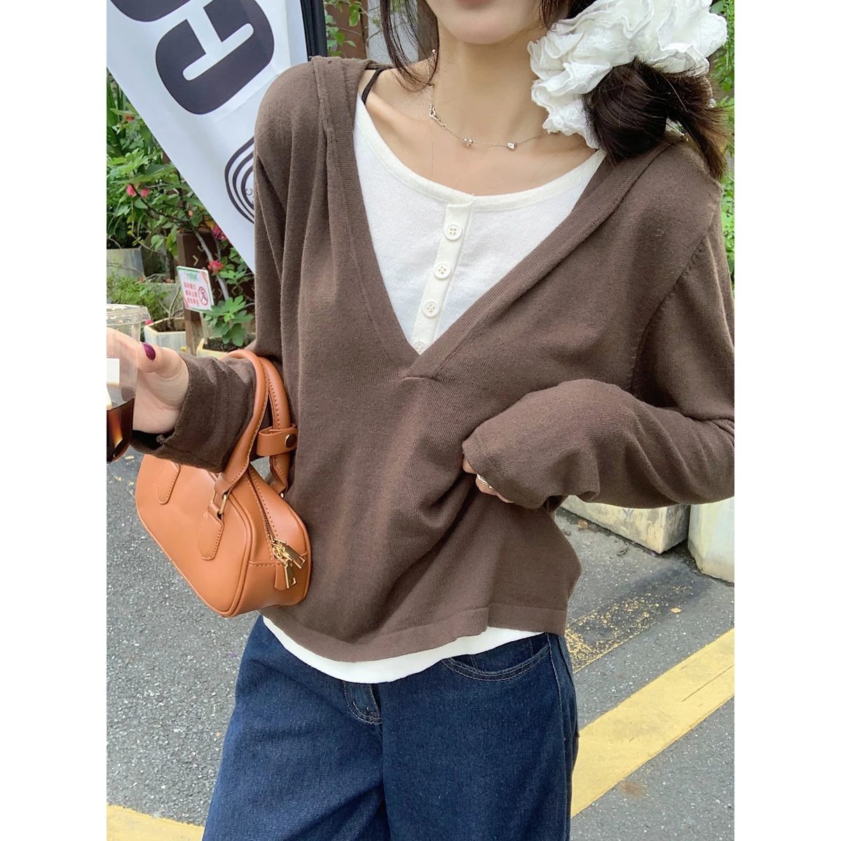 

Женская осенне-зимняя вязаная шапка Long Sve, внутренняя одежда из смесовой шерсти, искусственный двухсекционный цветной свитер Blo, повседневная одежда для поездок на работу