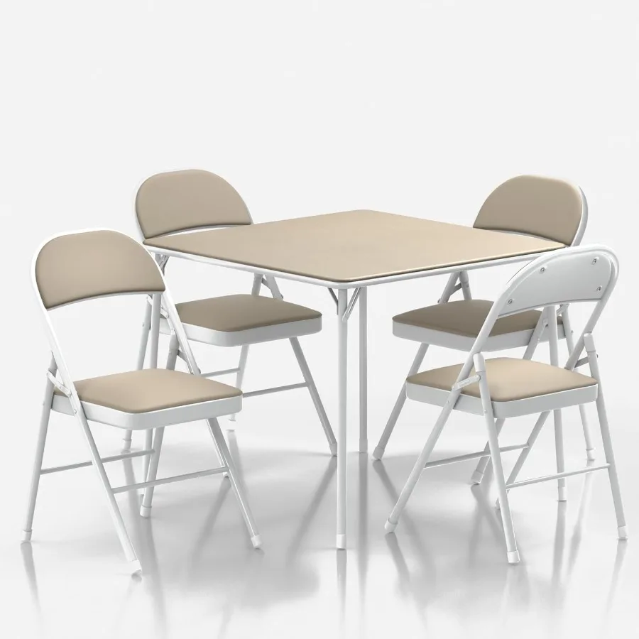 Juego de mesa y silla plegable portátil, 5 piezas, con patas plegables, tapicería de vinilo, metal, color beige