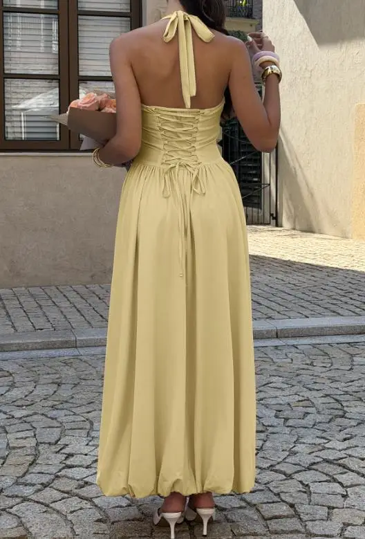 

2026 Summer New Fashion Casual Women's Elegant Style Sexy Hanging Neck Strapless Waist Tied Dress Female Clothing