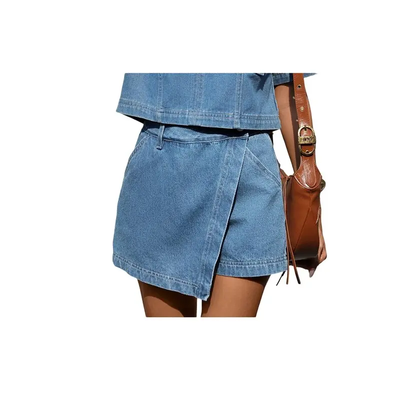 

Женский джинсовый комплект ABRT из двух предметов: летний укороченный топ с V-образным вырезом и джинсовые шорты-юбка с карманами, темно-синие брюки, размер S