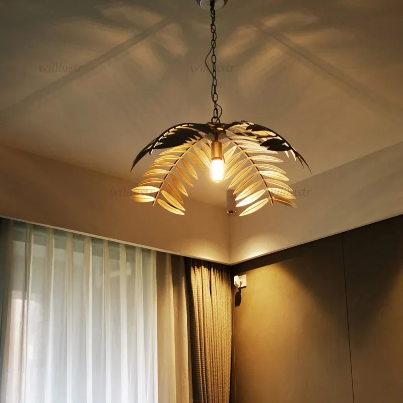 

Creative Iron Palm Leaf Pendant Lamp Hotel Homestay Living Dining Bedroom Ceiling Chandelier Metal Hanging Suspension Lighting