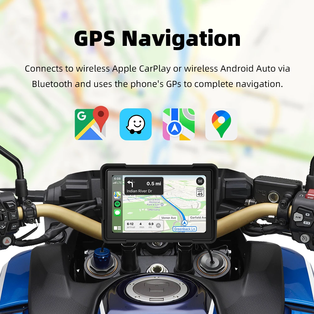 Eyki painel digital portátil para motocicleta, 5 polegadas, tela de navegação gps, sem fio, carplay, moto, android, monitor automático, bt5.0