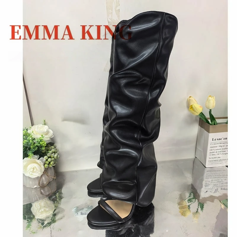 مثير المفتوحة تو حذاء بكعب عالٍ للركبة أسود بولي Leather جلد خنجر عالية الكعب مطوي أحذية الصيف النساء الفاخرة تصميم بوتاس دي Mujer