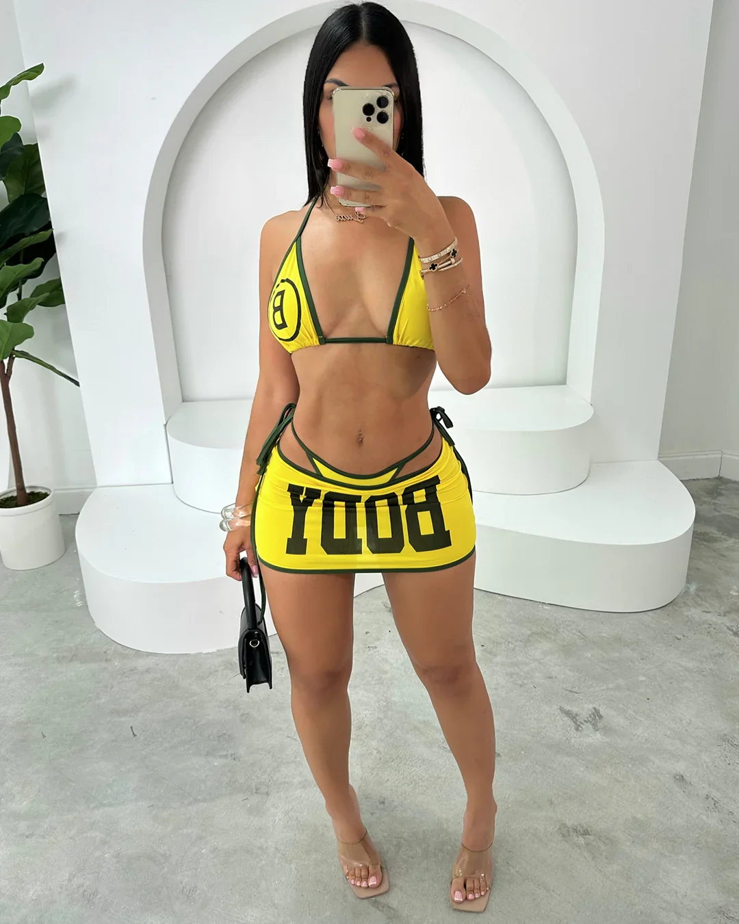 HLJ Sexy Beach Vacation Bikini 3 Piece Set Women Letter Printing Bra+Bandage Briefs+Skirts Summer New Swimsuit 3pcs Outfits 2025