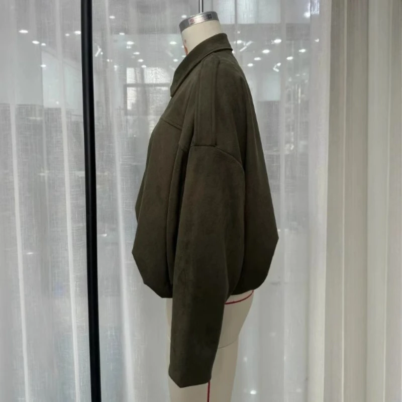Women's Faux Suede Collared Jacket Olive Green Loose Fit Shoulder Straps Stylish AliExpress Exclusive