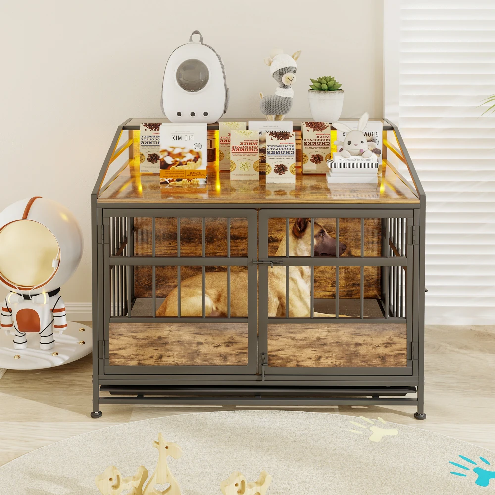 Multi-function Furniture Style Dog Crates with Storage, Dog Crate Furniture Large Wooden Dog Kennel with Double Doors