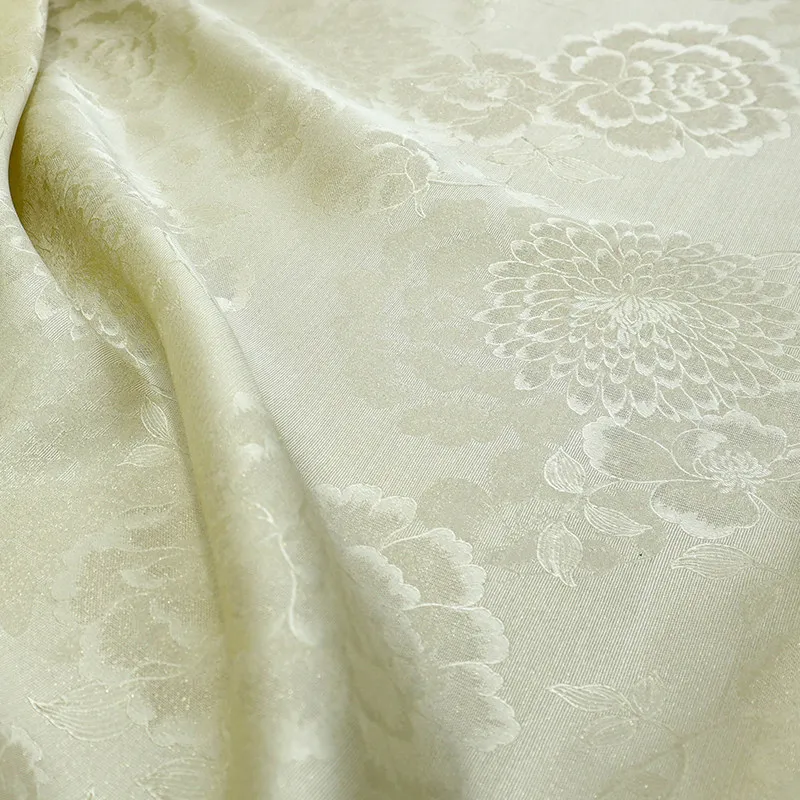 High Quality Beige Peony Silk Sprinkling Hangluo Silkworm Silk Fabric Hanfu Chinese Dress Customized Cheongsam Fabric