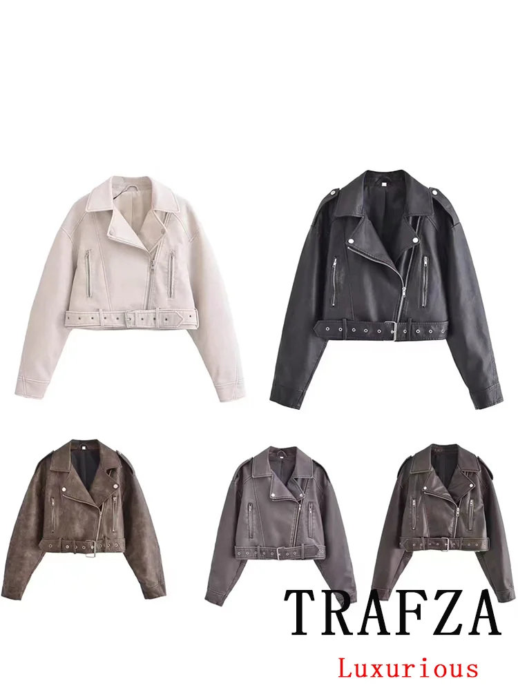 TRAFZA Vintage Casual Chic Women Jackets Solid Turn-down Collar Zipper Short Coats New Fashion 2024 Spring Summer Female Jacket