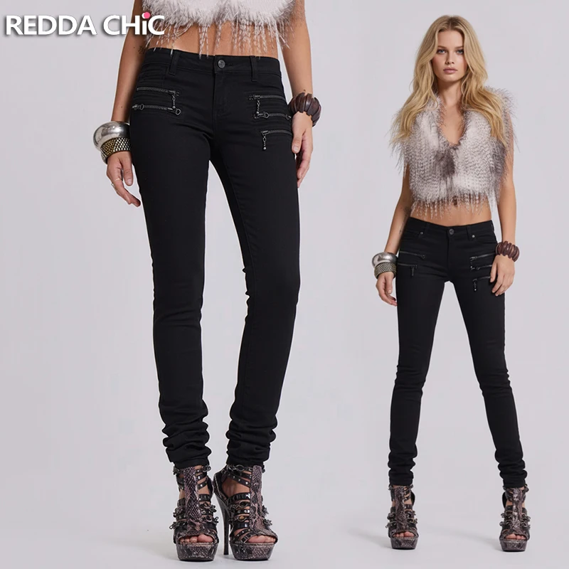 

REDDACHiC Women's Low Rise Skinny Jeans Moto Vintage Plain Cleanfit Stretch Zipper Pockets Straight Denim Pants Punk Streetwear