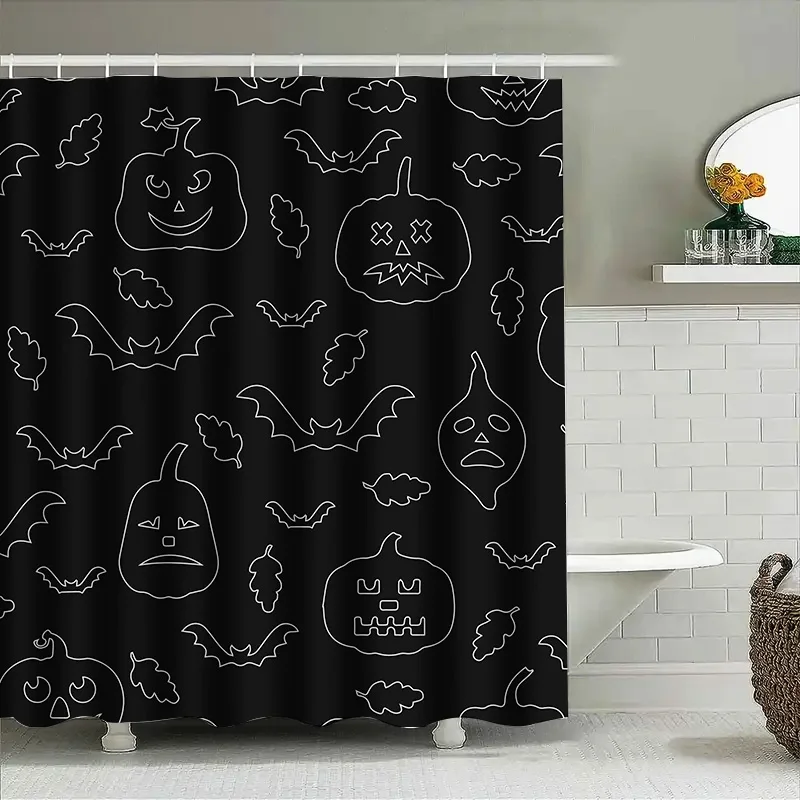 

1pcBlack Line Pumpkin Halloween Shower Curtain Spooky Pattern Bathroom Decor Striped Scary Design for Kids & Adults