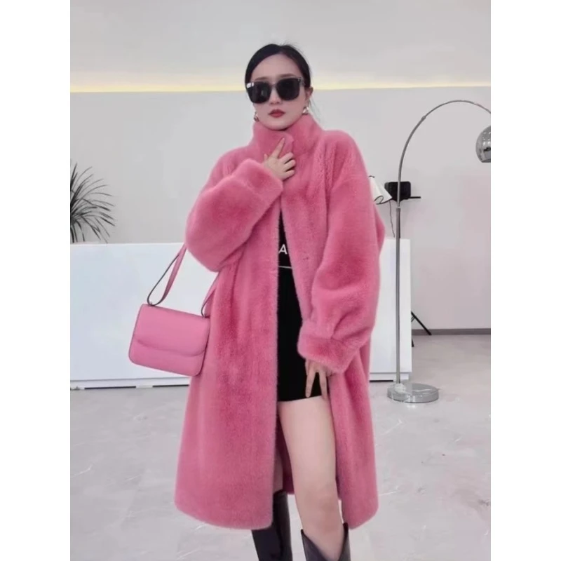 New Faux Mink Fur One-piece Coat with Stand-up Collar Casual Thickened Mid-length Noble and Eco-friendly Fur Fashion Women Wear
