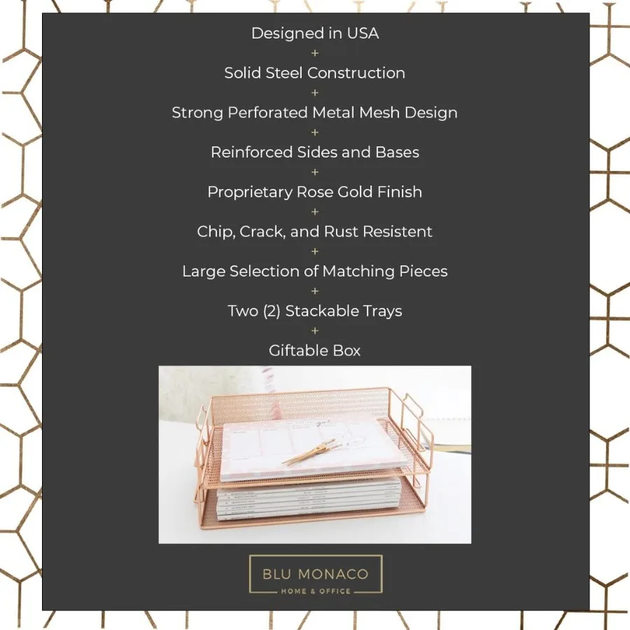 مجموعة صينية ورق شبكية باللون الذهبي الوردي مكونة من صينية حروف قابلة للتكديس للمكتب المنزلي والمدرسة ومنظم مكتب معدني متين مع أنيق #4
