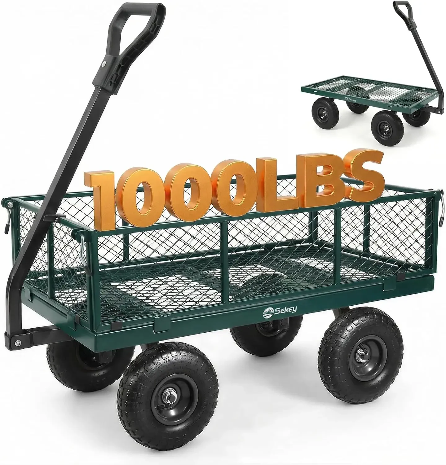 1000lbs Heavy Duty Steel Garden Cart for Yard & Farm, Utility Wagon with Removable Sides (Convert to Flatbed), 10